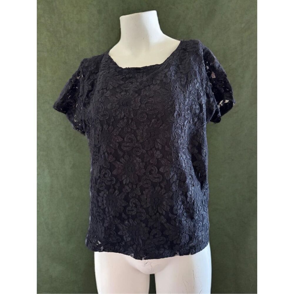 womens L Y2K goth velvet black floral lace blouse Victorian short sleeve